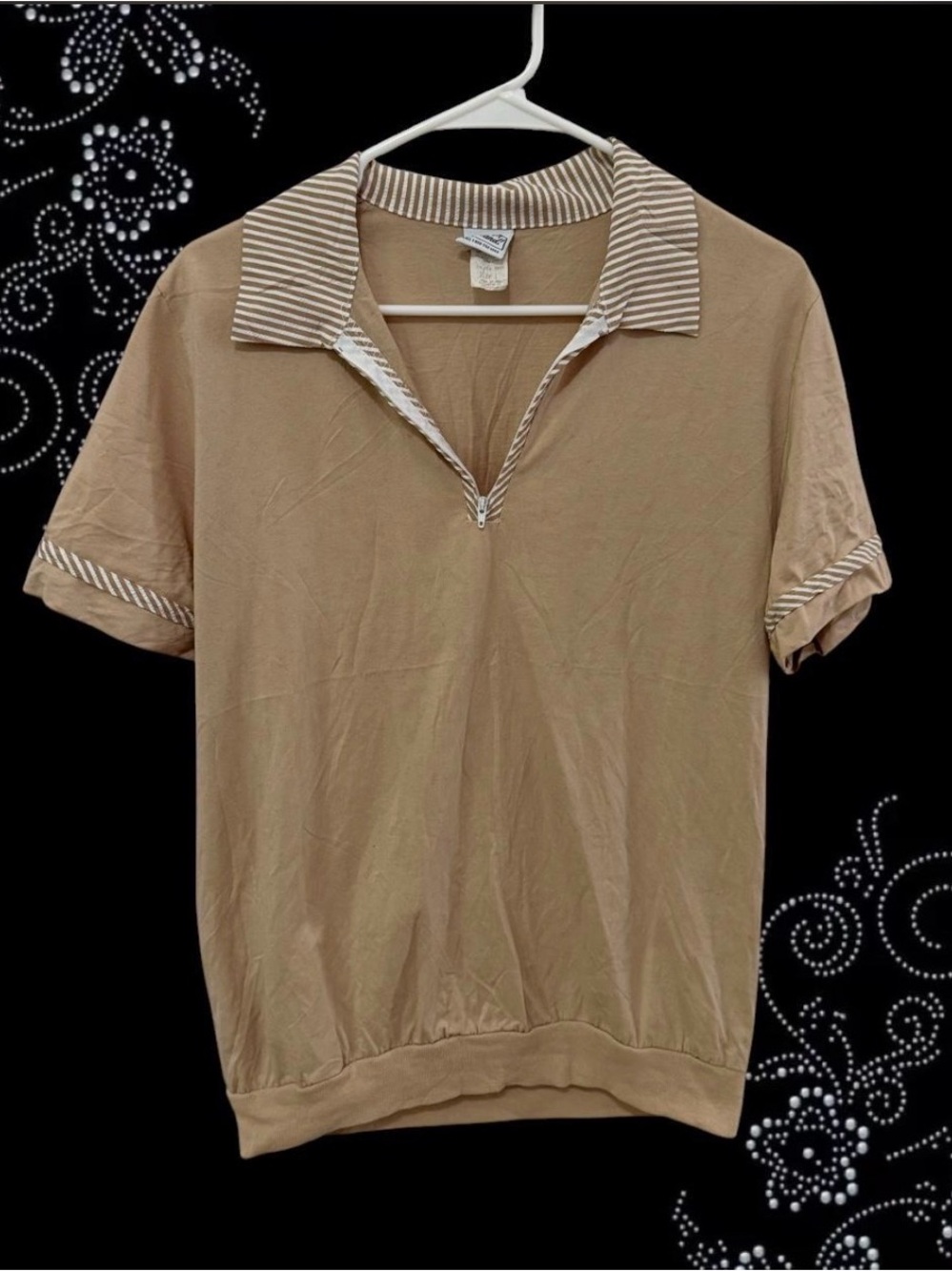 Haband Taupe Short-Sleeve Polo with Striped Trim